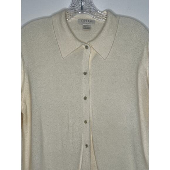 Vintage 70s Express Tricot Ivory Collared Cardigan Sweater Hong Kong Medium - Picture 2 of 11
